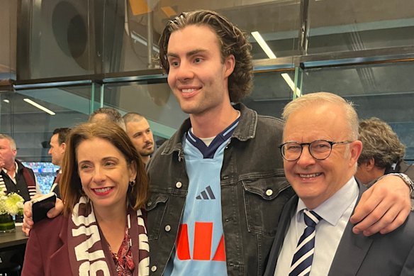 Sport Minister Anika Wells, Chicago Bulls star Josh Giddey and Prime Minister Anthony Albanese in the Chairman’s Room at the State Of Origin match at the MCG on Wednesday night.