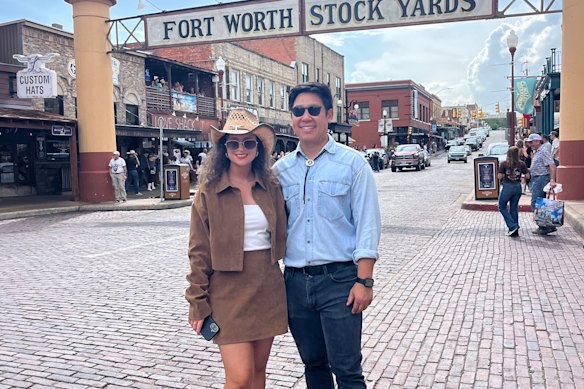 Edwina Frost, left, dressed in her best cowboy attire at the stockyards in Fort Worth, Texas. 