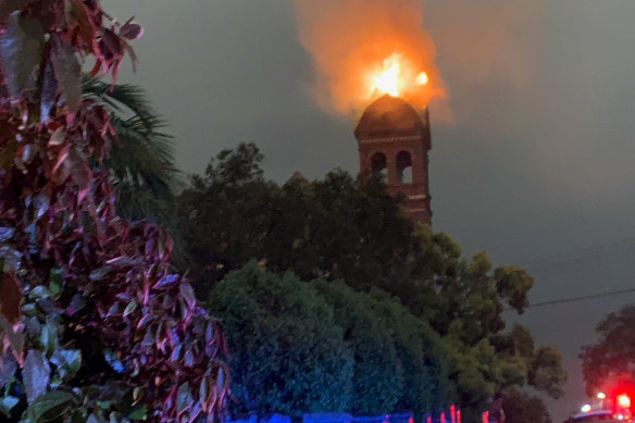 Lightning struck a clock tower on a disused church in Sydney's inner west, prompting a fire to break out.