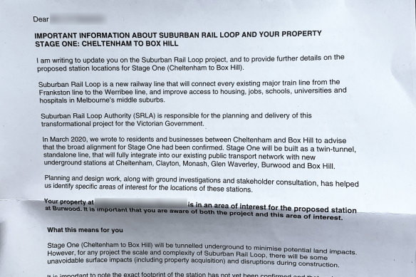 The letter residents received on Monday morning informing them that their property may need to be acquired to build the Suburban Rail Loop