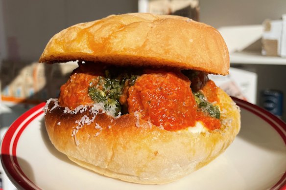 Applehead’s meatball sub with crunchy almond pesto.
