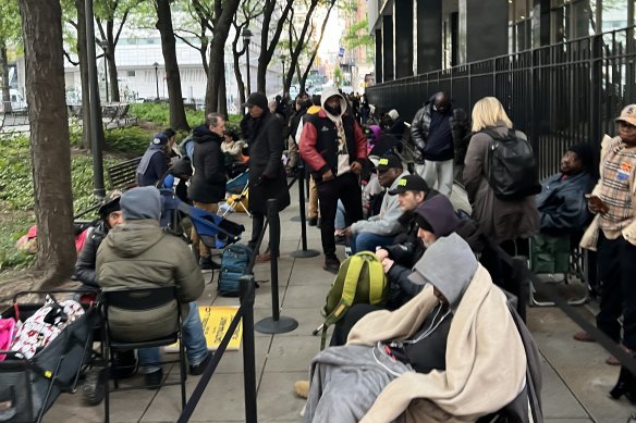 The line for Michael Cohen’s second day of testimony at Donald Trump’s hush money trial, filled with paid line sitters in the front and the crowd swelling at the back.