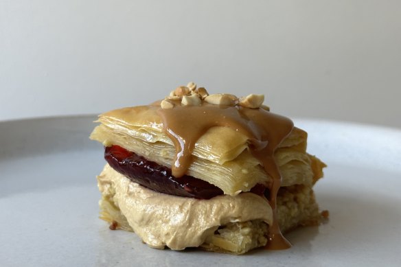 Whipped maple peanut butter and sumac strawberry jam baklava from Ard.