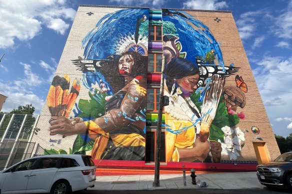 The newly completed mural “Indigenous Flow” by Victor “Marka27″ Quiñonez which was commissioned by Patty Mills and the Brooklyn Nets.