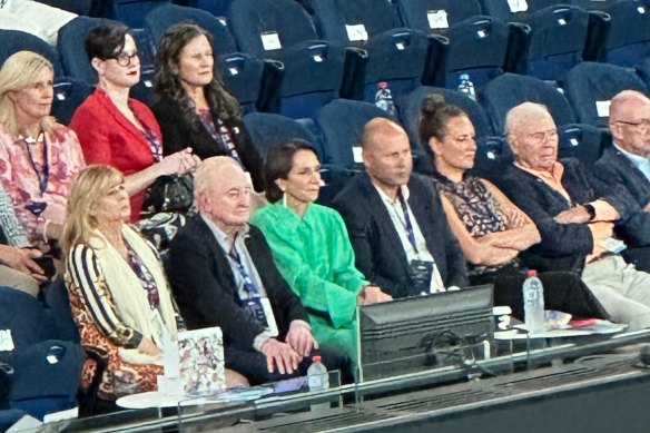 Tennis Australia chair Jayne Hrdlicka and former federal treasurer Josh Frydenberg watch the tennis at Rod Laver Arena on Tuesday night.