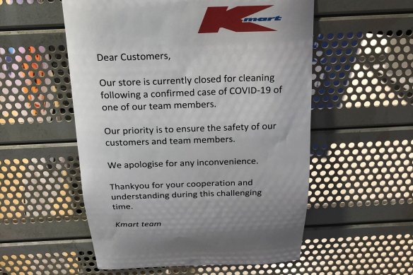 A notice posted on the security shutters at Kmart, Barkly Square in Brunswick on Saturday morning.