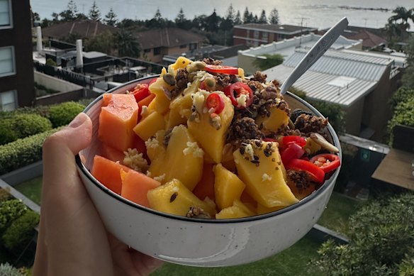 Khoo’s go-to dish while she’s filming in Australia is a fruit-packed breakfast bowl. 