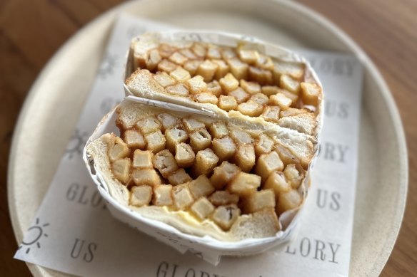 The chip butty at Glory-Us cafe is finished with homemade HP sauce.