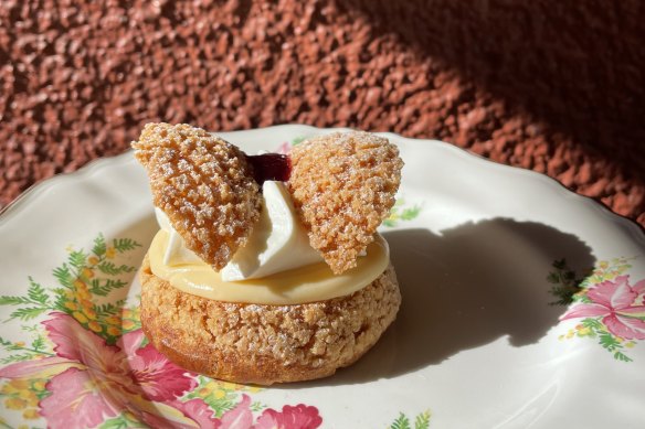 The butterfly cake, (“but a profiterole and with Davison plum jam”).