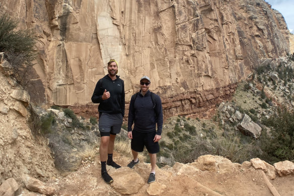 Mark Acheson (left) and Matthew Platts, co-founders of Crisis Heroes, during their two-week stint in America before they caught the last flight back to Australia after COVID-19 lockdown.