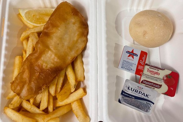 Fish and chip dinner at the Holiday Inn quarantine hotel.