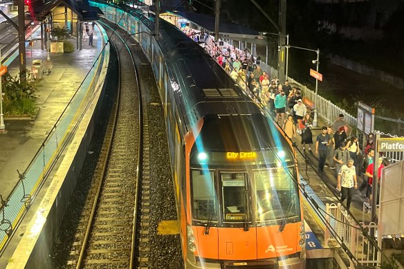 Passengers waiting for a train on Sydney’s Bankstown line on Saturday night.