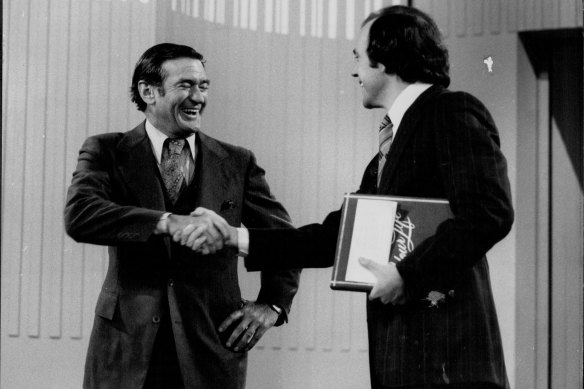 Mike Willesee greets Rod Taylor in This Is Your Life on October 17, 1975.