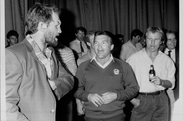 Ray Price, John Monie and Peter Sterling celebrate at Parramatta Leagues Club after the Eels’ 1986 grand final victory.