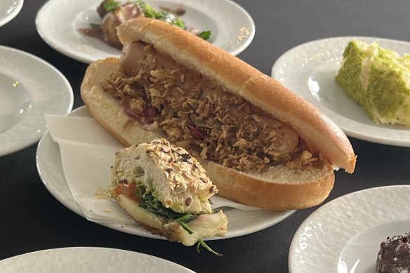 Hot dogs are reinvented as a meat-free “not-dog” with onions and pickled cabbage, slathered in honey-mustard sauce. 