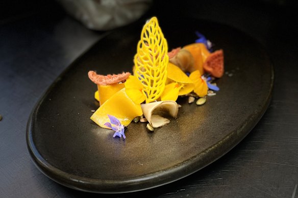 Pearl barley risotto with pumpkin and pickled quandong.