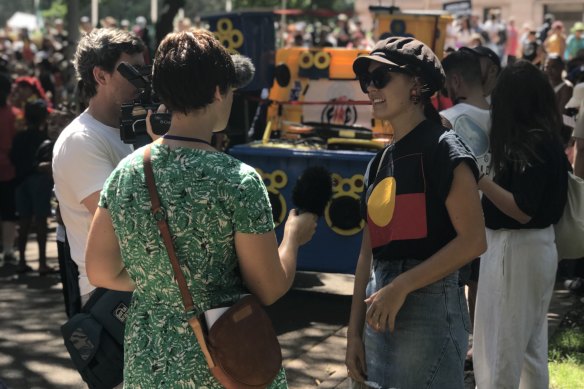 Marlee Silva speaks at an Invasion Day protest in 2019.