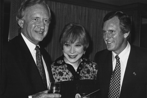 Andrew Peacock, left, with Shirley MacLaine and John Hewson in 1993.