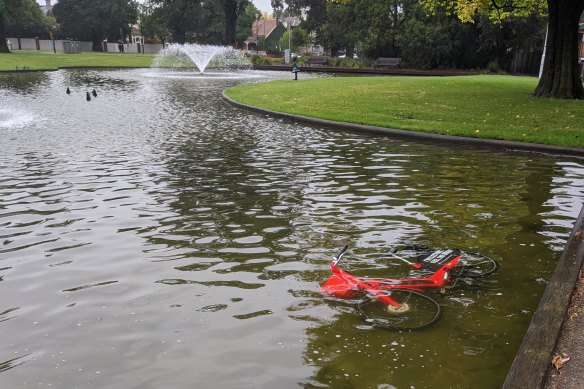 The red Jump bike submerged in a pond in Carlton North.