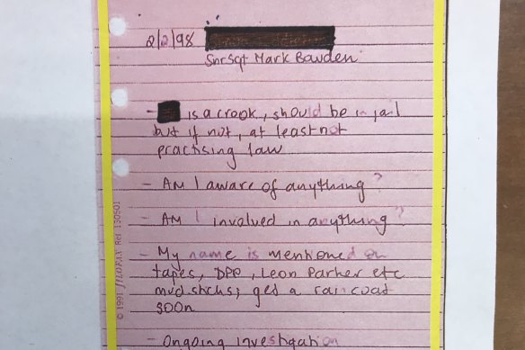A note from Nicola Gobbo's 1998 diary, tendered to the royal commission, after she was warned by police that "mud sticks" and "get a raincoat" when they were trying to get information from her. 