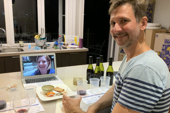 City Winery Brisbane winemaker Kris Cush (on the screen) steps Jon through the process of creating his own wine.