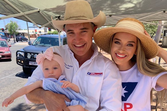 Robbie Katter on the election hustings with wife Daisy during the 2020 campaign.