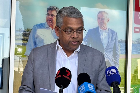 Riverton MP Dr Jagadish Krishnan at a press conference outside his electorate office.