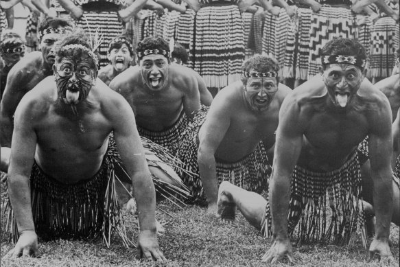 Members of a Maori welcoming party greet the visiting Queen Elizabeth II in Gisborne in 1970.