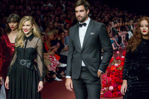 Charlee Fraser, Victoria Lee, Tom Derickx and Cameron Stephens during the Gala Runway 1 show at Melbourne Fashion Festival in March 2020