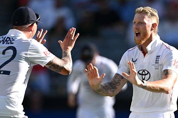 England skipper Ben Stokes (right) picked up five wickets as Australia crumbled in Perth.