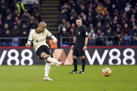 Fabinho scores Liverpool’s third goal at Crystal Palace.