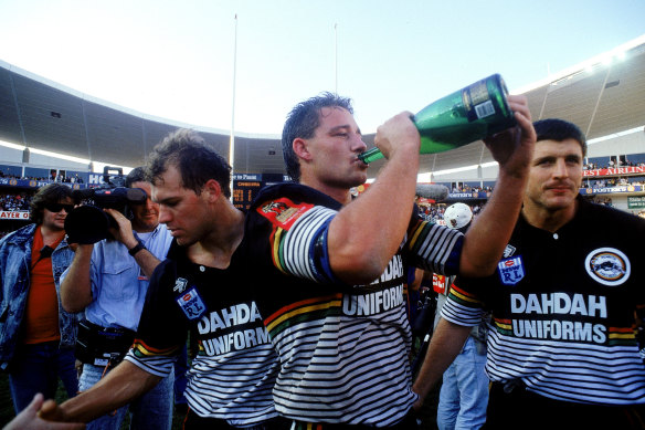 Toast of Penrith: Mark Geyer celebrates the 1991 grand final win with Penrith.