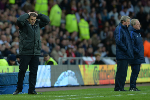 Ange Postecoglou in another life, coaching the Socceroos against Roy Hodgson’s England in 2016.