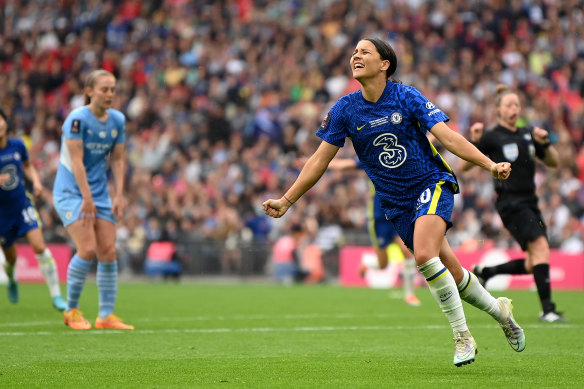 Sam Kerr celebrates after scoring for Chelsea in last year’s FA Cup final.