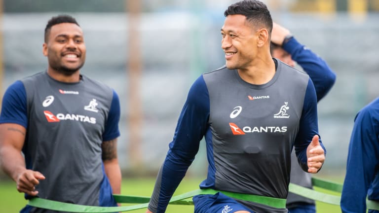 Sharing tips? Folau trains with returning midfielder Samu Kerevi in Tokyo.