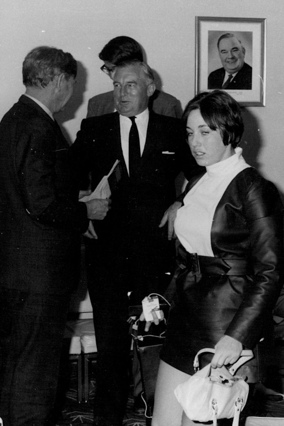 Prime Minister John Gorton (above left) talking to industrial Minister Charles Court on April 18, 1969. Reporter Geraldine Willesee (right), was the '19-year-old girl' mentioned in Mr St John's allegations.