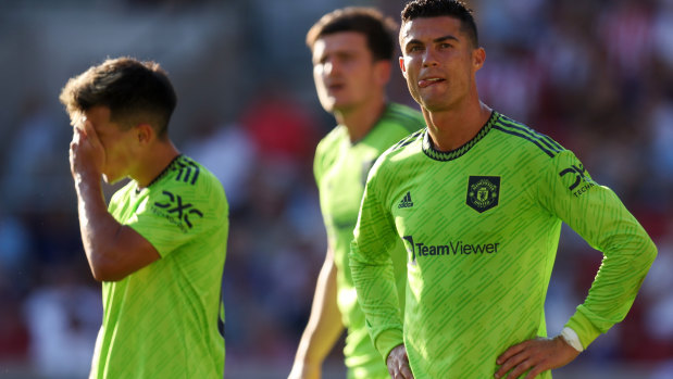 You’re joking! Lisandro Martinez and Cristiano Ronaldo during Manchester United’s humiliation against Brentford on August 13.