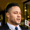 Jarryd Hayne leaving court in 2021 after he was convicted of sexual assault without consent.