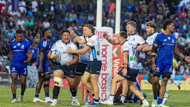  Ioane Moananu of the Waratahs scores a try in Fiji