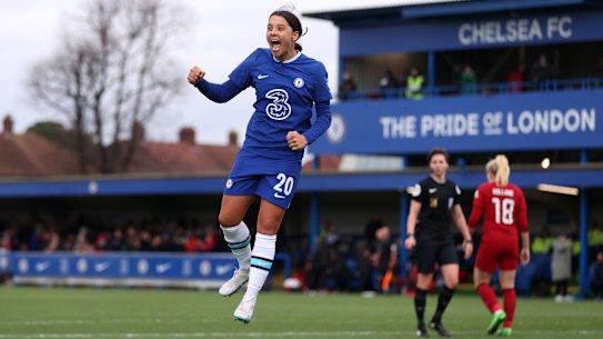 Kerr celebrates one of her three goals against Liverpool in the FA Cup last January - the day before an alleged incident for which she will stand trial next year.