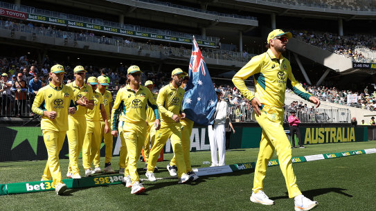 Australia take the field for game three of the ODI series against Pakistan.
