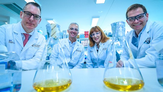 Monash University has been ranked as the world’s top university in pharmacy and pharmacology. L-R Professor Chris Langmead, Professor Arthur Christopoulos, Professor Margaret Gardner and Professor Chris Porter.
