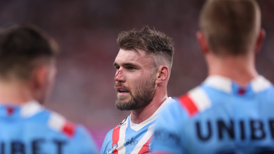 Angus Crichton is back in action for the Roosters.