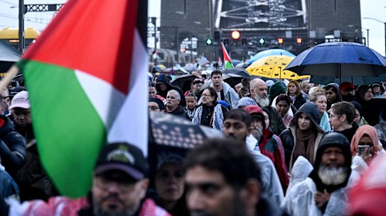 Demonstrators at the Harbour Bridge.