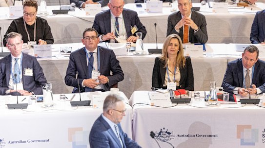 Victoria Premier Daniel Andrews and his fellow state leaders listen to the prime minister’s opening address.