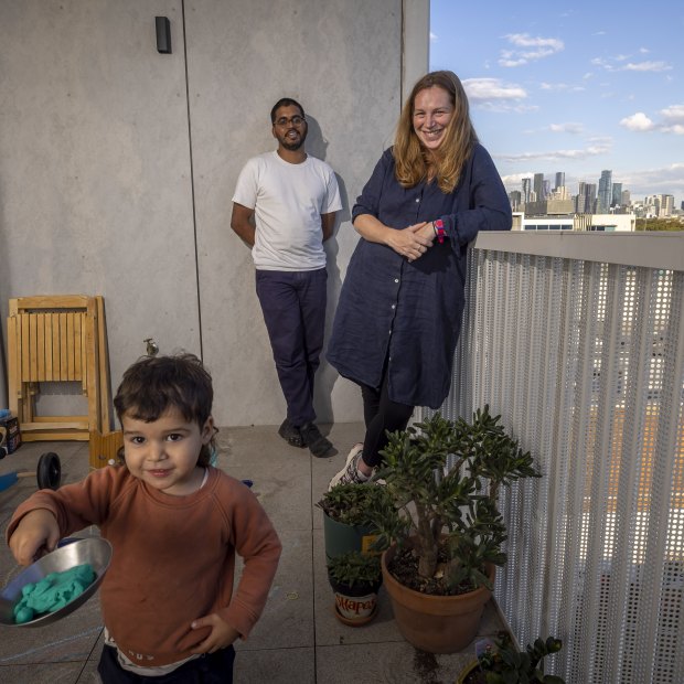 Sabrina Baker and Nagesh Seethiah with son Marcel, 2, happily living in an Assemble apartment.