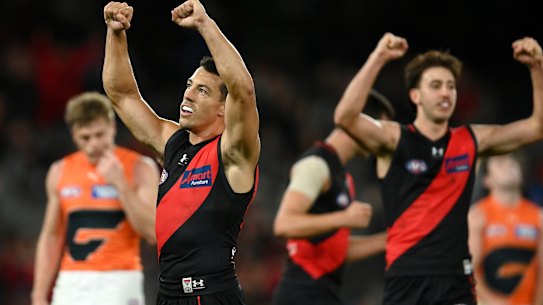 MELBOURNE, AUSTRALIA - APRIL 09: Dylan Shiel of the Bombers celebrates winning the round four AFL match between Essendon Bombers and Greater Western Sydney Giants at Marvel Stadium, on April 09, 2023, in Melbourne, Australia. (Photo by Quinn Rooney/Getty Images)