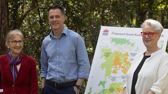 Minister for the North Coast Janelle SaffinNorth Coast MP, Premier Chris Minns and Minister for the Environment Penny Sharpe at Bongil Bongil National Park on Sunday.
