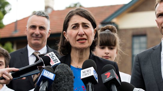 Premier Gladys Berejiklian and Education Minister Rob Stokes visit Concord Public School to talk about a mobile phone ban in Schools in Sydney.
