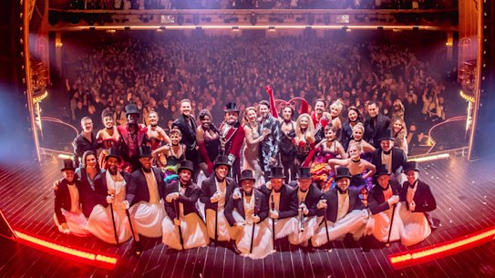 Cast of Moulin Rouge! the Musical pose after the curtain call at opening night in Melbourne. 